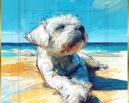 油絵　マミ ラニカイビーチを楽しむキュートな犬たち　大きいキャンバス 油絵 マミ様専用 ラニカイビーチを楽しむキュートな犬たち