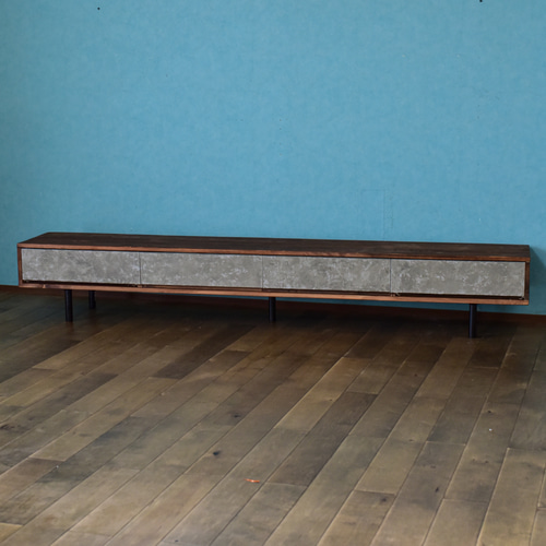 無垢材】テレビボード220㎝ダークブラウン色モルタル風鉄脚