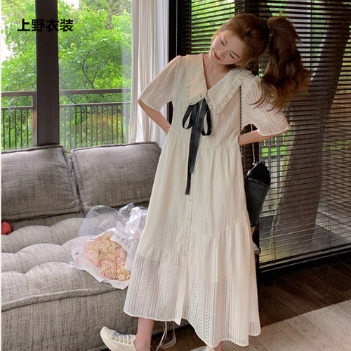 女の子の誕生日記念日白のドールネックワンピース女 サマーアカデミア