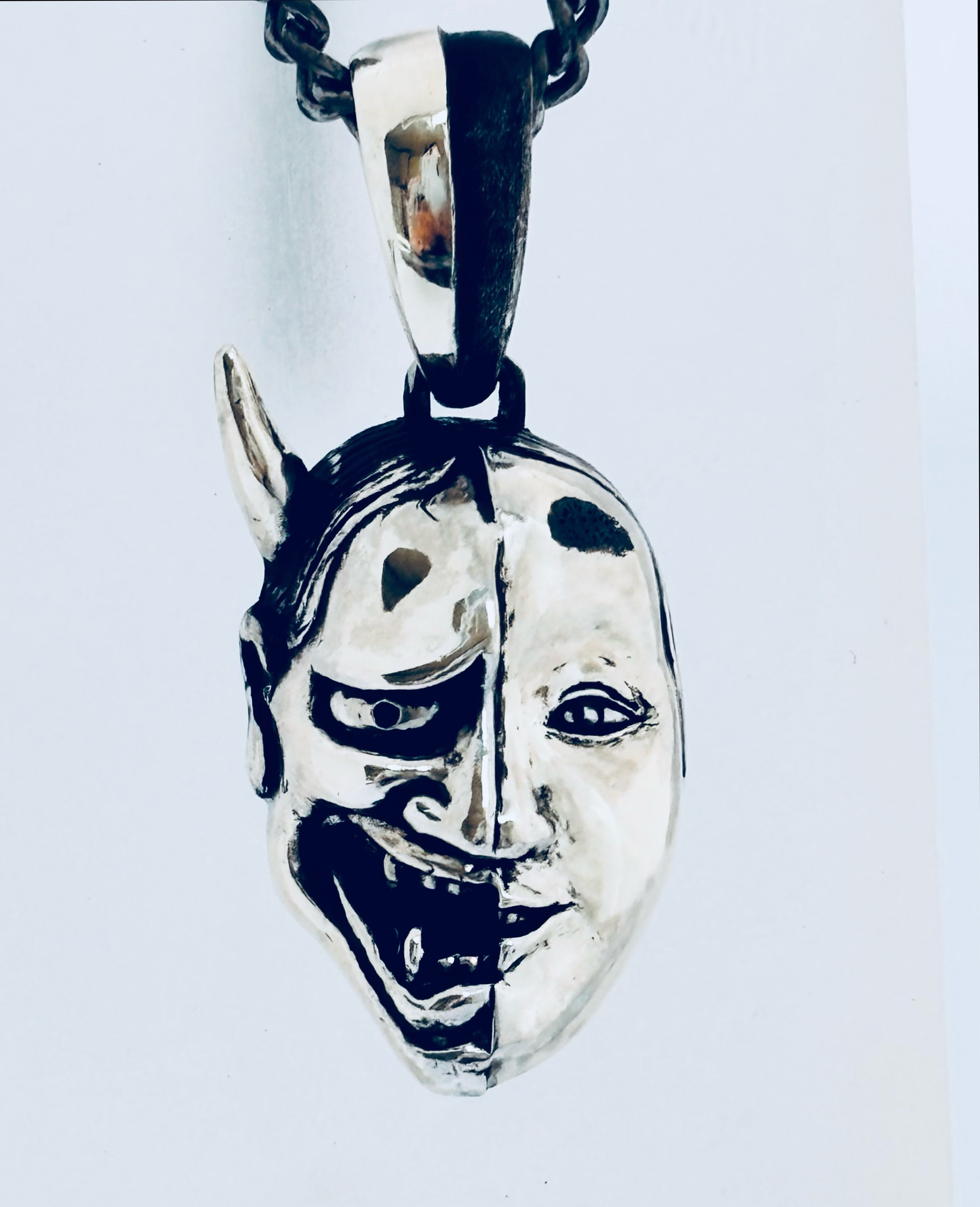《duality mask》般若×女面 ハーフフェイスペンダント｜silver925・燻し仕上げ・立体モチーフ