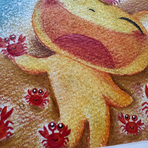 一点物原画】海で出会ったカニと笑顔いっぱいねこのベニー パステル画