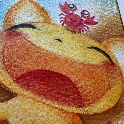 一点物原画】海で出会ったカニと笑顔いっぱいねこのベニー パステル画
