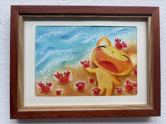 パステル画 一点物原画】海で出会ったカニと笑顔いっぱいねこのベニー パステル画