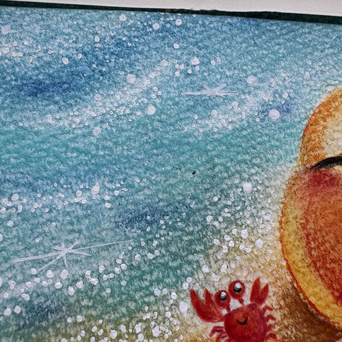 一点物原画】海で出会ったカニと笑顔いっぱいねこのベニー パステル画