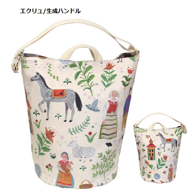フォークっぽいほのぼのした馬柄のラウンドボトムバッグ