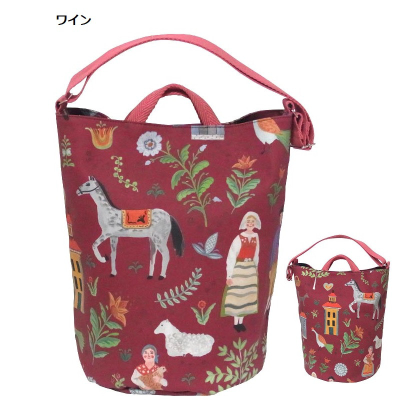 フォークっぽいほのぼのした馬柄のラウンドボトムバッグ