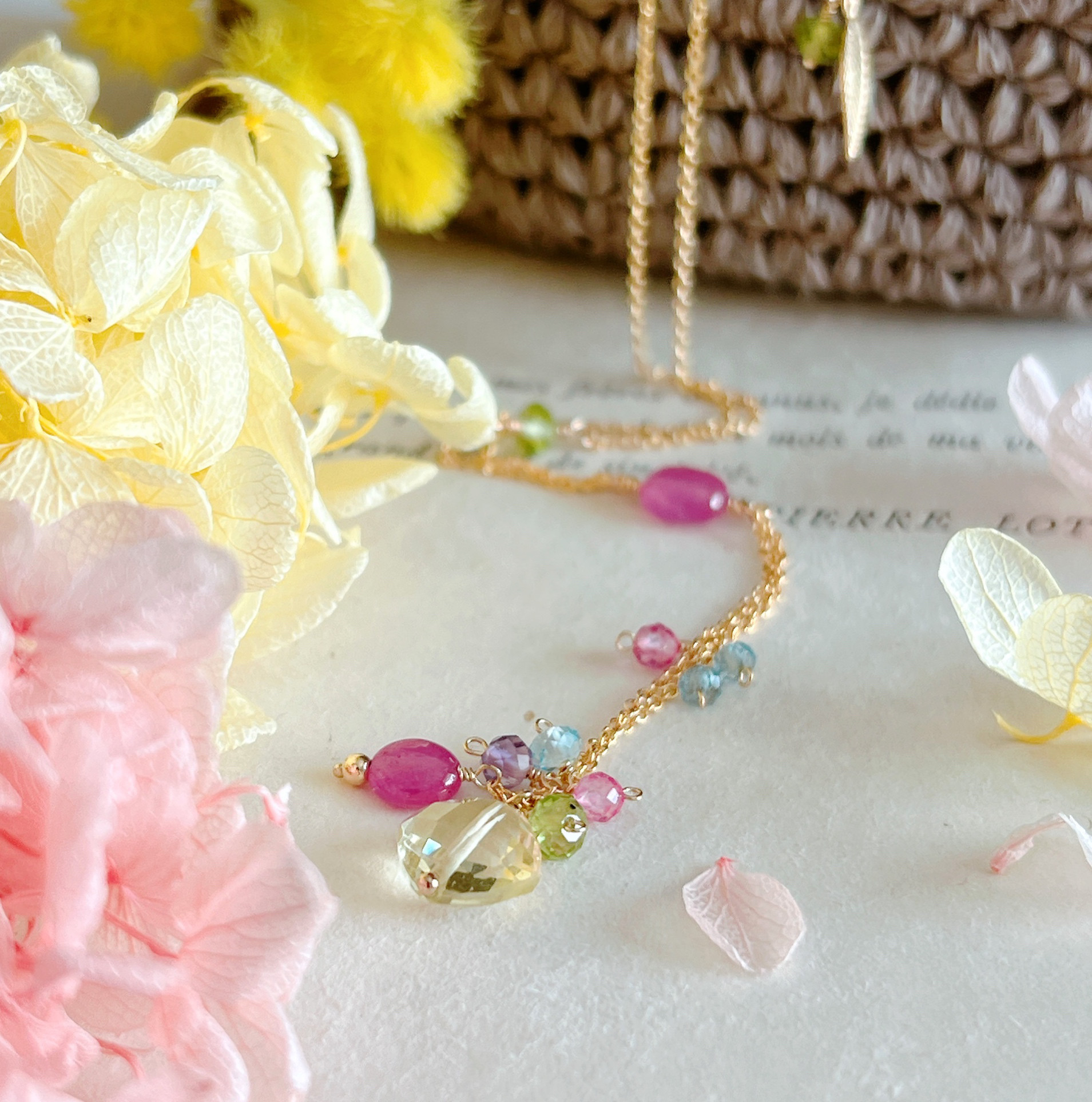 【14kgf】レモンクォーツ×春色天然石＊ネックレス