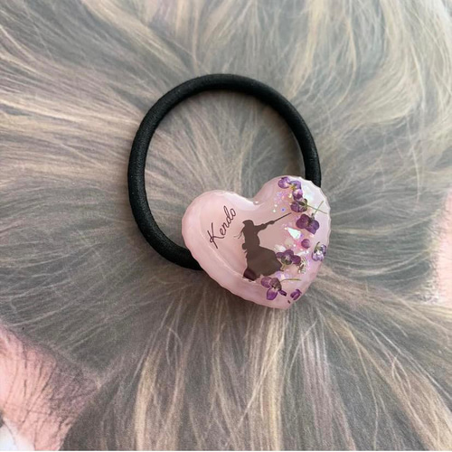 2041】剣道ヘアゴム 紫のアリッサム入り桃色ハート型ヘアアクセサリー