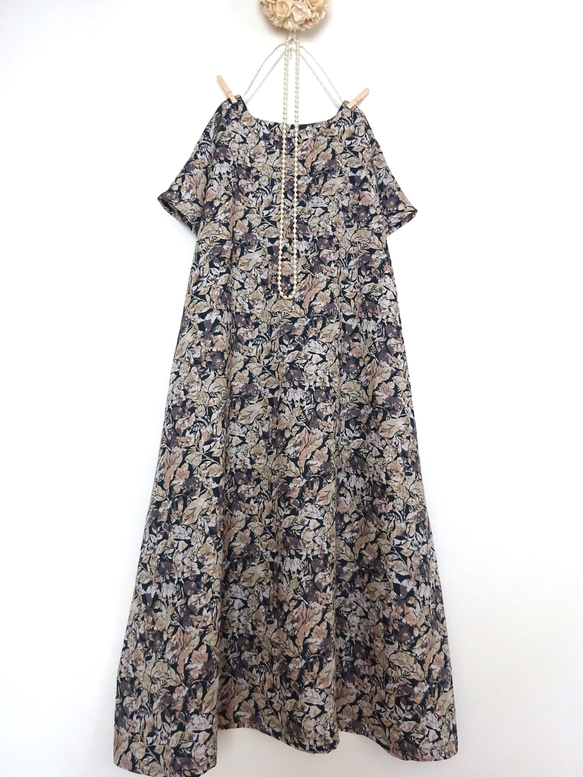CABBAGES&ROSES リネン 花柄 きなり ワンピース 麻100 上質リネン100％シックなボタニカル柄 Aラインワンピース◇麻 花柄