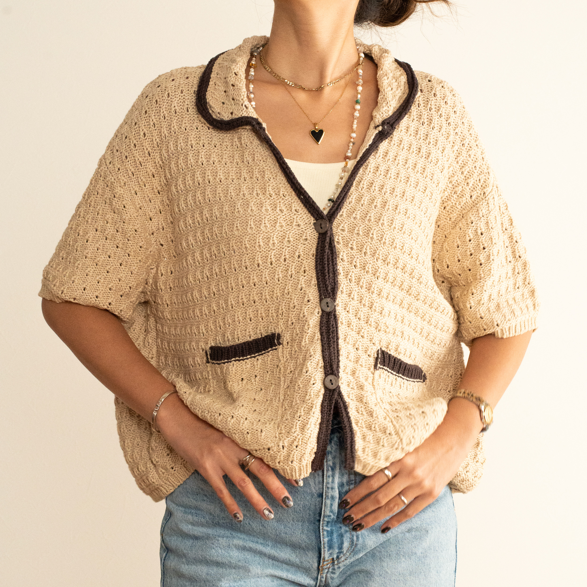 【数量限定】コットンニット半袖シャツ/半袖トップス(beige)