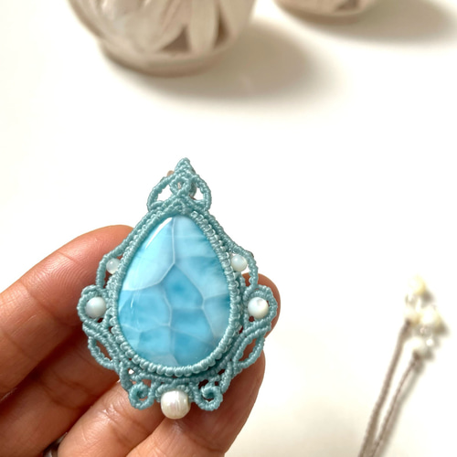 おだやかな波の誘い♪大粒ラリマーの天然石マクラメ編みネックレス