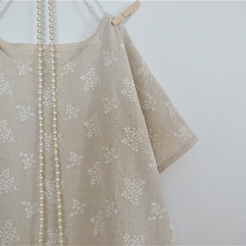総刺繍 かすみ草のコットンリネン Aラインワンピース◇綿麻 草花 花柄