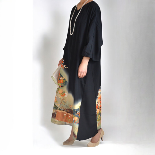 3XL ,着物リメイク,上品ワンピース, 黒留袖リメイク ワンピース, ,上品