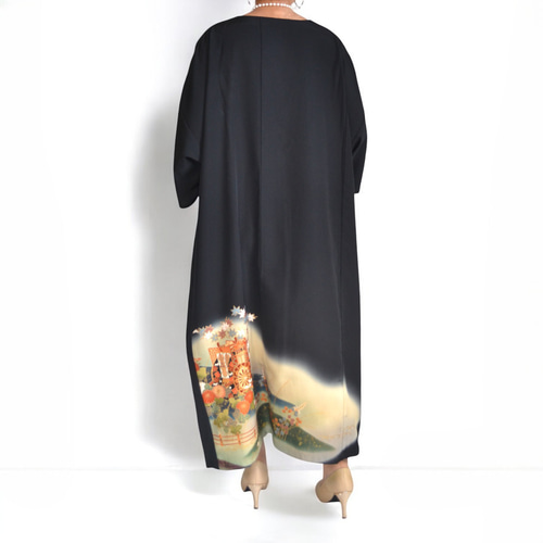 3XL ,着物リメイク,上品ワンピース, 黒留袖リメイク ワンピース, ,上品