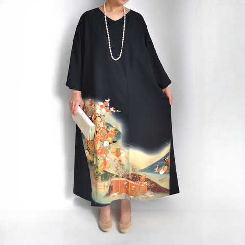 3XL ,着物リメイク,上品ワンピース, 黒留袖リメイク ワンピース, ,上品