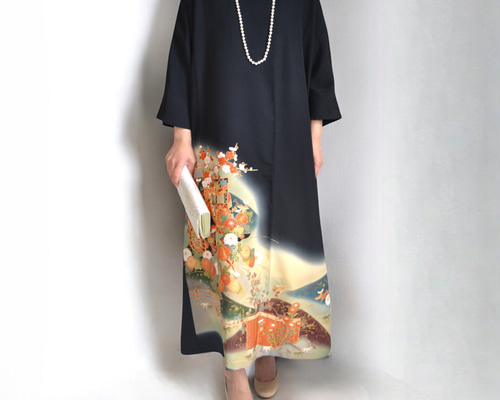 3XL ,着物リメイク,上品ワンピース, 黒留袖リメイク ワンピース, ,上品