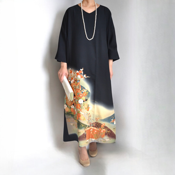 3XL ,着物リメイク,上品ワンピース, 黒留袖リメイク ワンピース, ,上品