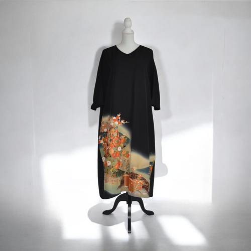 3XL ,着物リメイク,上品ワンピース, 黒留袖リメイク ワンピース, ,上品