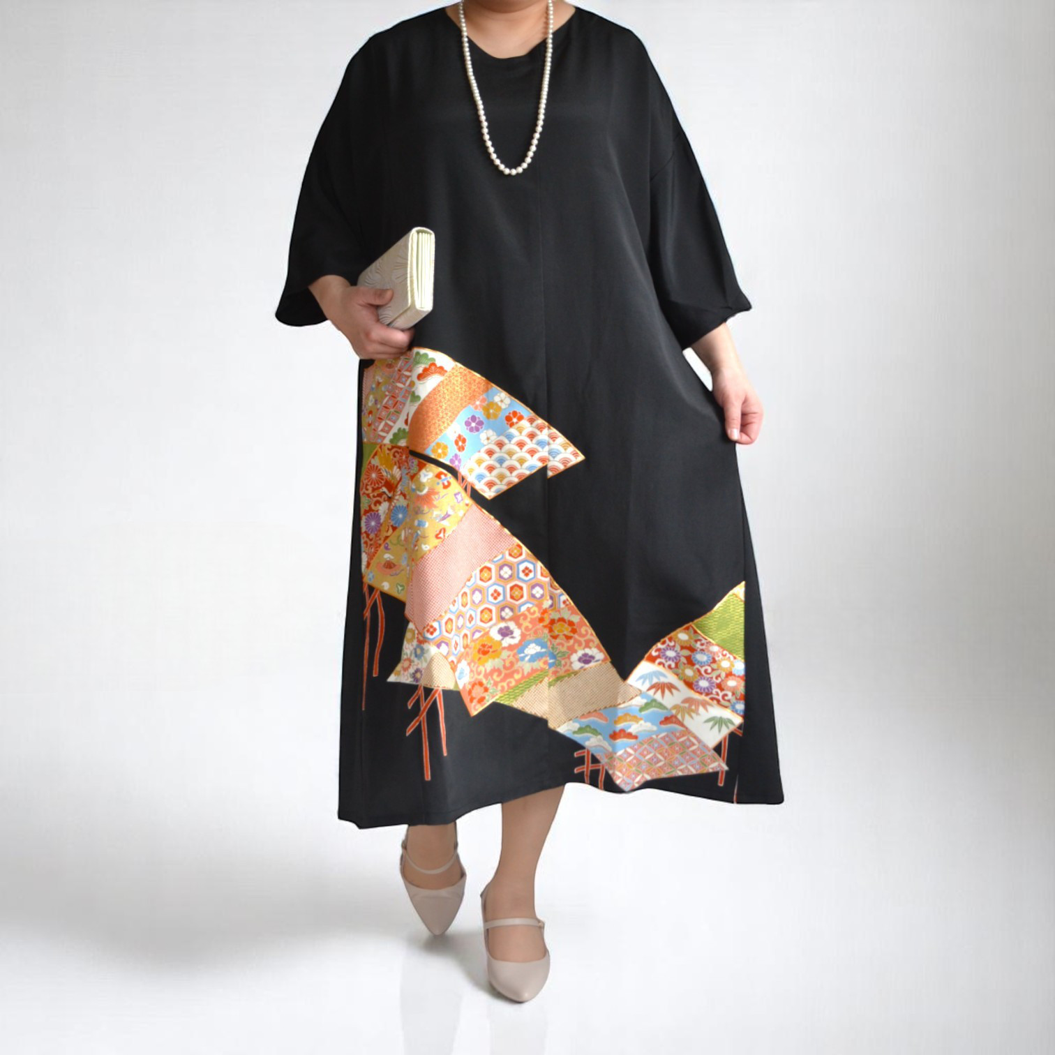 3XL ,着物リメイク,上品ワンピース, 黒留袖リメイク ワンピース, ,上品な和モダンドレス フォーマル