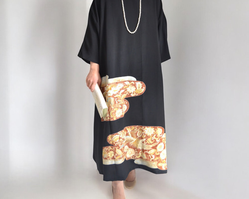 3XL ,着物リメイク,上品ワンピース, 黒留袖リメイク ワンピース, ,上品