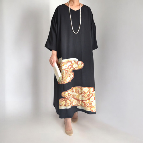 3XL ,着物リメイク,上品ワンピース, 黒留袖リメイク ワンピース, ,上品