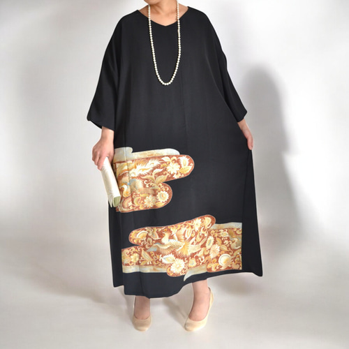 3XL ,着物リメイク,上品ワンピース, 黒留袖リメイク ワンピース, ,上品