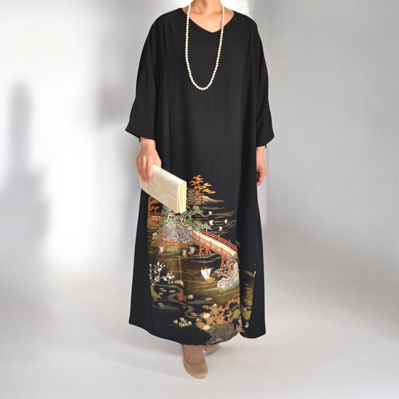 3XL ,着物リメイク,上品ワンピース, 黒留袖リメイク ワンピース, ,上品