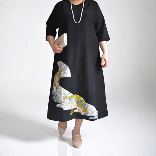 XL ,着物リメイク,上品ワンピース, 黒留袖リメイク ワンピース, ,上品