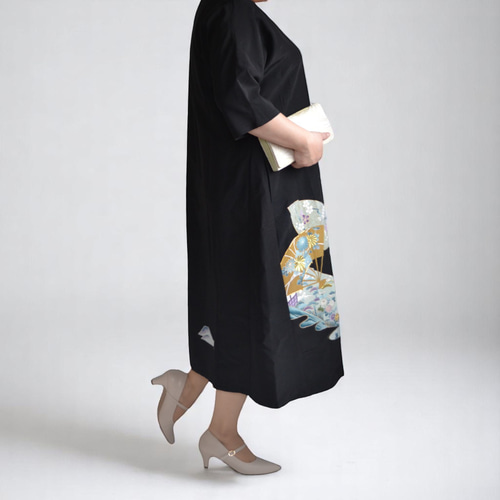 XL ,着物リメイク,上品ワンピース, 黒留袖リメイク ワンピース, ,上品