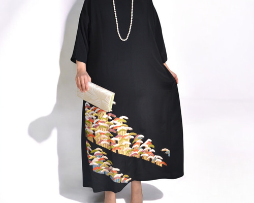 XL ,着物リメイク,上品ワンピース, 黒留袖リメイク ワンピース, ,上品