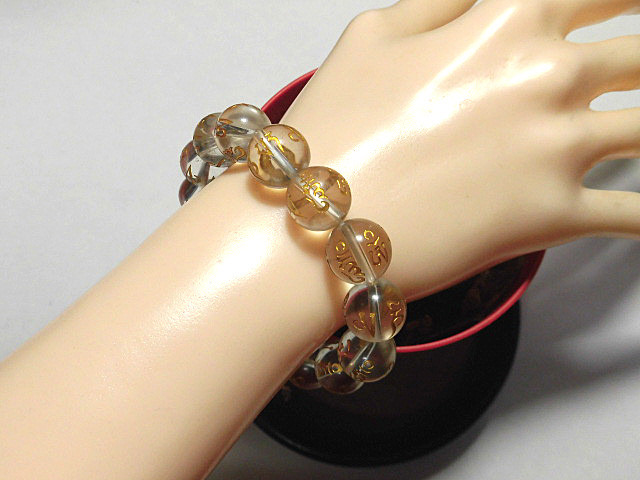 天然石 ヒマラヤ水晶六字真言13.8～14.3mm玉ブレスレット 内周16.0cm 　　250720144