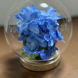 新作プリザーブドフラワー ひなアジサイブルーコルクガラスドーム 母の