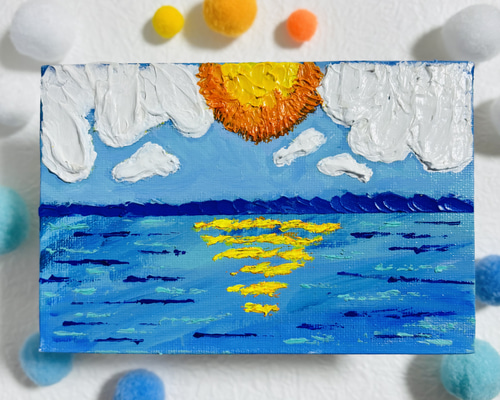 ハガキサイズ】空と海 テクスチャーアート カラフル ※運気アップ 絵画