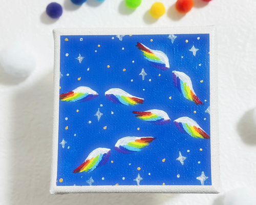 10cm】虹色 天使の羽 キャンバスアート カラフル アクリル絵の具