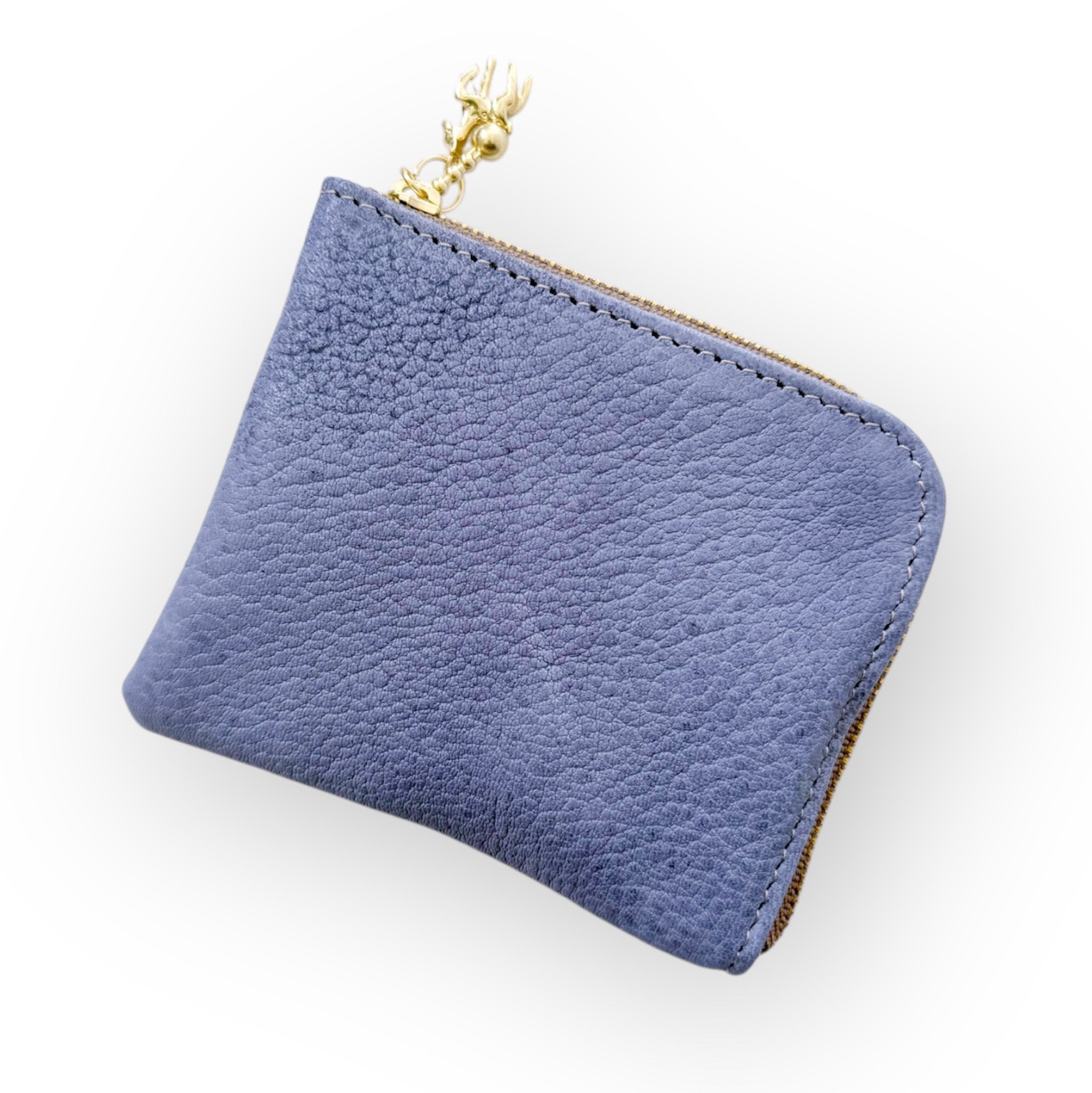 鹿 コンパクト L字財布 ミニ 本革 ブルーグレー