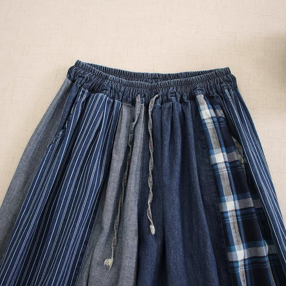 コットン100%　配色ワイドパンツホームウエア　ウエストゴム　ポケット付き【春秋夏】インディゴ 3枚目の画像