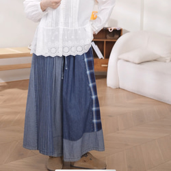 コットン100%　配色ワイドパンツホームウエア　ウエストゴム　ポケット付き【春秋夏】インディゴ 10枚目の画像