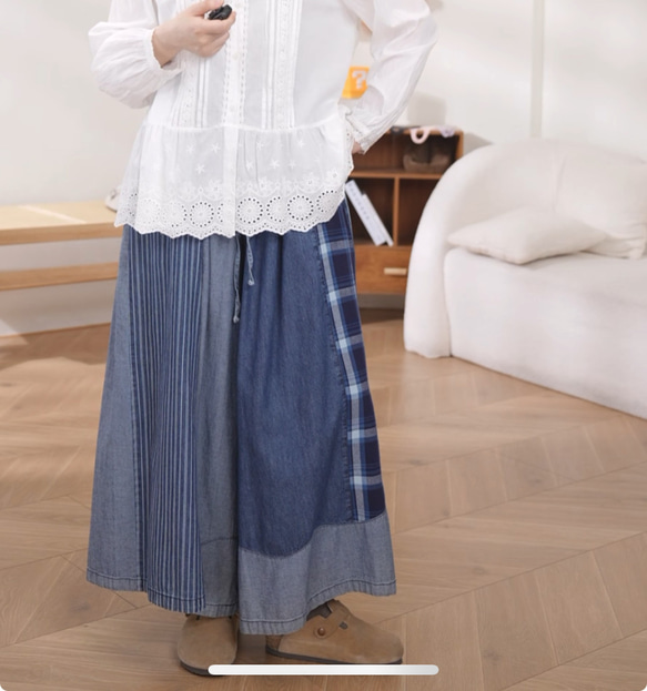 コットン100%　配色ワイドパンツホームウエア　ウエストゴム　ポケット付き【春秋夏】インディゴ 10枚目の画像