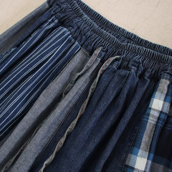 コットン100%　配色ワイドパンツホームウエア　ウエストゴム　ポケット付き【春秋夏】インディゴ 7枚目の画像