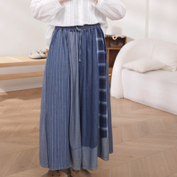 コットン100%　配色ワイドパンツホームウエア　ウエストゴム　ポケット付き【春秋夏】インディゴ 11枚目の画像