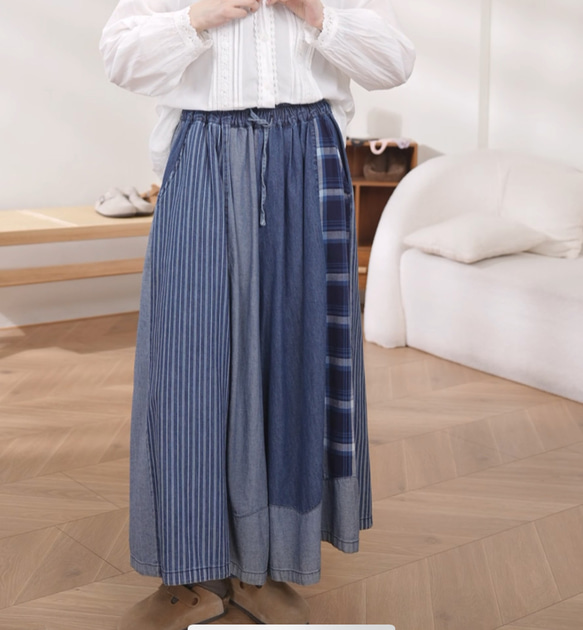 コットン100%　配色ワイドパンツホームウエア　ウエストゴム　ポケット付き【春秋夏】インディゴ 11枚目の画像