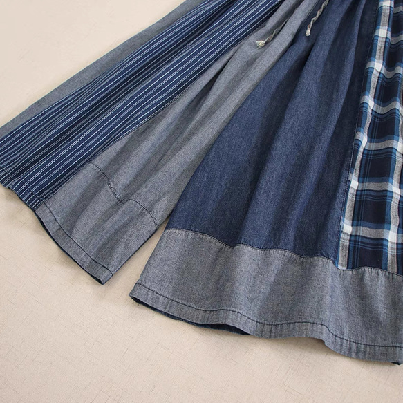 コットン100%　配色ワイドパンツホームウエア　ウエストゴム　ポケット付き【春秋夏】インディゴ 5枚目の画像