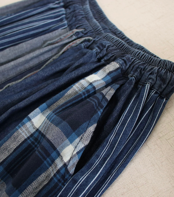 コットン100%　配色ワイドパンツホームウエア　ウエストゴム　ポケット付き【春秋夏】インディゴ 4枚目の画像