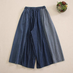 コットン100%　配色ワイドパンツホームウエア　ウエストゴム　ポケット付き【春秋夏】インディゴ 2枚目の画像