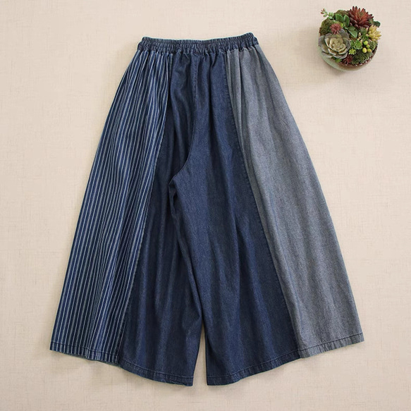 コットン100%　配色ワイドパンツホームウエア　ウエストゴム　ポケット付き【春秋夏】インディゴ 2枚目の画像