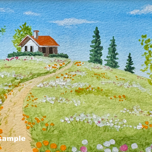 野花の咲く丘01」アクリル画 原画 風景画 額縁付 ハガキサイズ 絵画