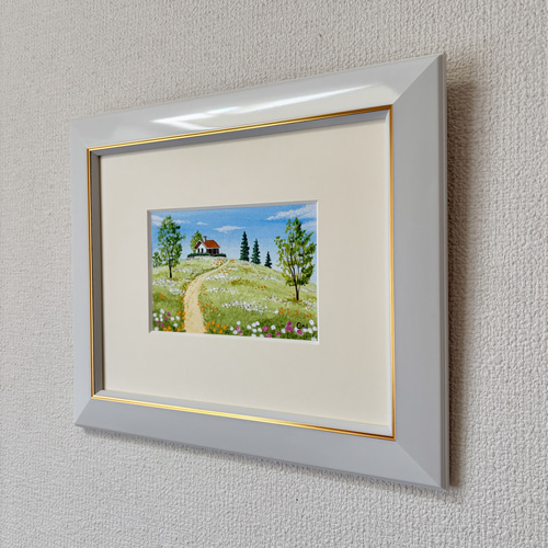 野花の咲く丘01」アクリル画 原画 風景画 額縁付 ハガキサイズ 絵画