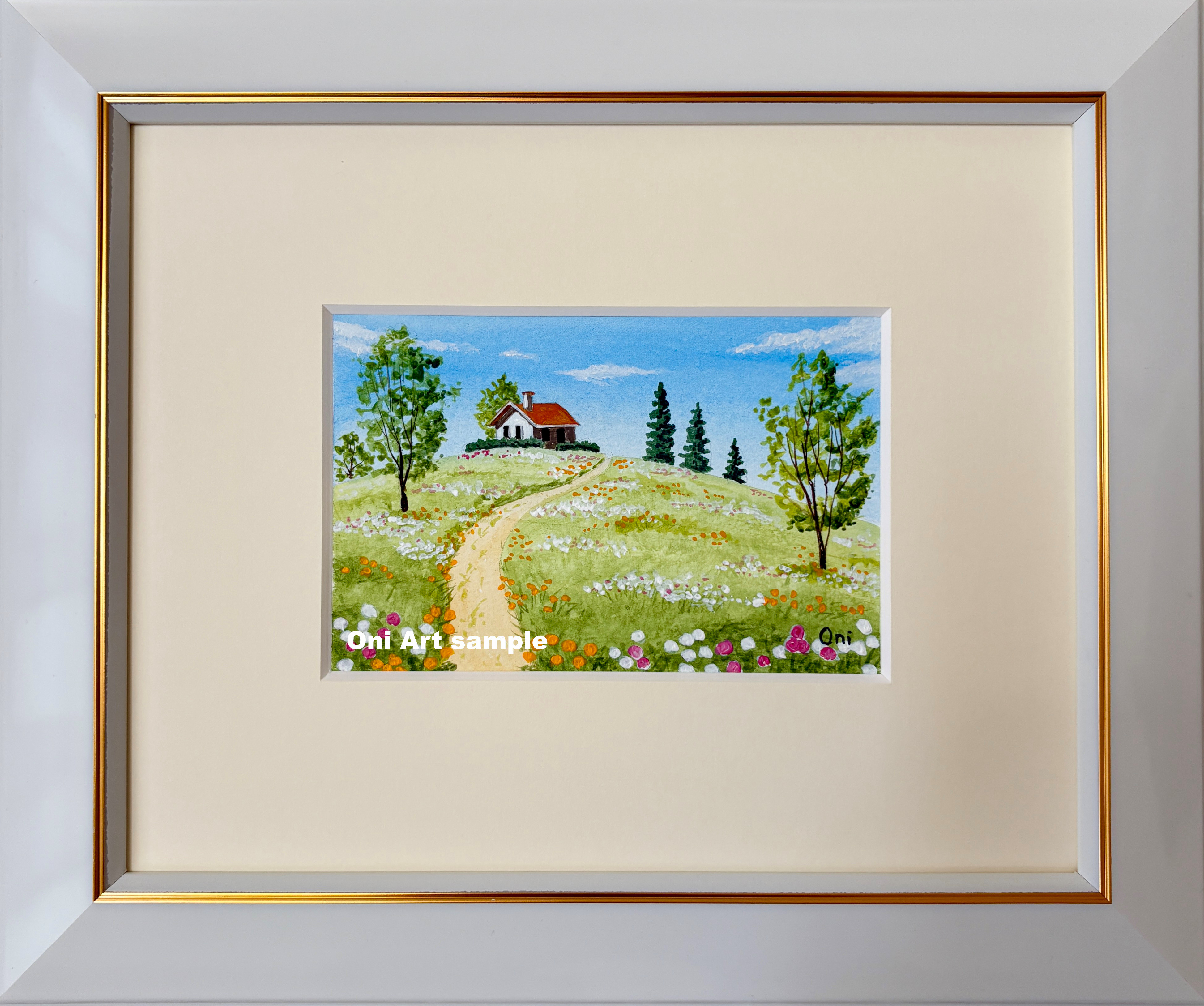 野花の咲く丘01」アクリル画 原画 風景画 額縁付 ハガキサイズ 絵画