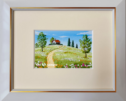 野花の咲く丘01」アクリル画 原画 風景画 額縁付 ハガキサイズ 絵画