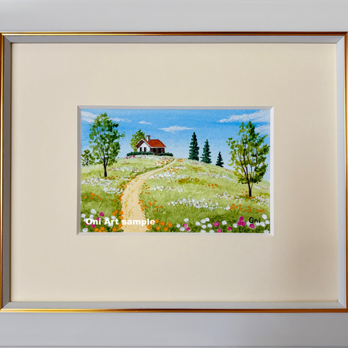 アクリル画　原画　「スイセンの咲く丘02」額縁付　SMサイズ　キャンバス 野花の咲く丘01」アクリル画 原画 風景画 額縁付 ハガキサイズ 絵画